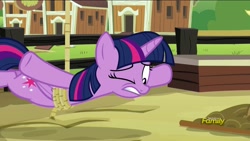 Size: 1920x1080 | Tagged: dead source, safe, screencap, character:twilight sparkle, character:twilight sparkle (alicorn), species:alicorn, species:pony, episode:applejack's day off, discovery family logo, female, mare, mission impossible, pig pen, rope, suspended