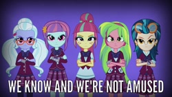 Size: 1280x720 | Tagged: safe, screencap, character:indigo zap, character:lemon zest, character:sour sweet, character:sugarcoat, character:sunny flare, equestria girls:friendship games, g4, my little pony:equestria girls, angry, clothing, crossed arms, crystal prep academy uniform, crystal prep shadowbolts, looking at you, meme, school uniform, shadow five, sour sweet is not amused, unamused, unleash the magic