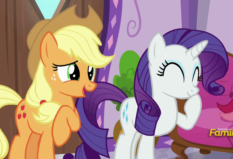 Size: 752x513 | Tagged: safe, screencap, character:applejack, character:rarity, episode:applejack's day off, animated, discovery family logo, laughing, laughingmares.jpg, loop
