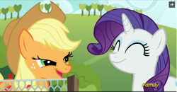 Size: 1048x546 | Tagged: safe, screencap, character:applejack, character:rarity, episode:applejack's day off, discovery family logo, faec, sweet apple acres