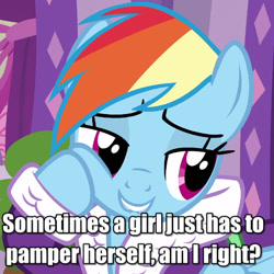 Size: 550x550 | Tagged: safe, screencap, character:rainbow dash, species:pegasus, species:pony, episode:applejack's day off, bathrobe, clothing, cropped, cute, dashabetes, female, girly, lip bite, mare, robe, smiling, solo, squishy cheeks, subtitles