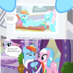 Size: 1101x1100 | Tagged: safe, screencap, character:aloe, character:lavender essence, character:lotus blossom, character:rainbow dash, episode:applejack's day off, episode:ponyville confidential, g4, my little pony: friendship is magic, text