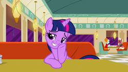 Size: 1080x608 | Tagged: safe, screencap, character:beaude mane, character:joan pommelway, character:twilight sparkle, character:twilight sparkle (alicorn), species:alicorn, species:earth pony, species:pony, episode:the saddle row review, g4, my little pony: friendship is magic, background pony, cafe, female, lidded eyes, male, mare, smuglight sparkle, stallion