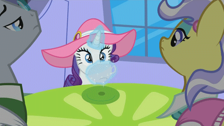 Size: 450x253 | Tagged: safe, screencap, character:jet set, character:rarity, character:upper crust, episode:sweet and elite, g4, my little pony: friendship is magic, animated, cafe, clothing, coffee, creamstache, hat, table