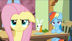 Size: 1920x1080 | Tagged: safe, screencap, character:angel bunny, character:fluttershy, character:rainbow dash, species:pony, episode:flutter brutter, g4, my little pony: friendship is magic, >:c, annoyed, carrot, chair, floppy ears, fluttershy is not amused, food, frown, plate, table, unamused