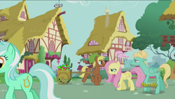 Size: 1920x1080 | Tagged: safe, screencap, character:fluttershy, character:lyra heartstrings, character:quarter hearts, character:zephyr breeze, species:pony, episode:flutter brutter, g4, my little pony: friendship is magic, cart, discovery family logo, link, reference, rupee, the legend of zelda