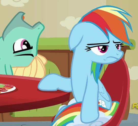 Size: 542x497 | Tagged: safe, screencap, character:rainbow dash, character:zephyr breeze, species:pony, episode:flutter brutter, g4, my little pony: friendship is magic, animated, loop, rainbow dash is not amused, unamused