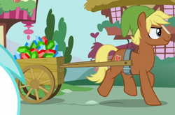 Size: 600x396 | Tagged: safe, screencap, character:lyra heartstrings, character:quarter hearts, species:earth pony, species:pony, episode:flutter brutter, g4, my little pony: friendship is magic, blaze (coat marking), cart, clothing, cropped, female, gem, hat, link, mare, ponified, reference, rupee, smirk, solo focus, the legend of zelda, trotting