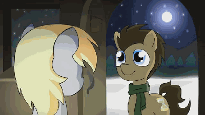 Size: 400x225 | Tagged: safe, artist:alfa995, character:derpy hooves, character:doctor whooves, character:time turner, species:pegasus, species:pony, animated, clothing, cute, derpabetes, female, frame by frame, holly, holly mistaken for mistletoe, mare, scarf
