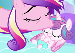 Size: 647x462 | Tagged: safe, screencap, character:princess cadance, character:princess flurry heart, species:alicorn, species:pony, episode:the crystalling, g4, my little pony: friendship is magic, baby, baby pony, bags under eyes, cute, diaper, eyes closed, female, forehead kiss, kissing, mama cadence, mother and daughter, platonic kiss, tired