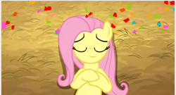 Size: 650x352 | Tagged: safe, screencap, character:fluttershy, species:pegasus, species:pony, episode:the last roundup, g4, my little pony: friendship is magic, bust, eyes closed, hooves to the chest, inverted mouth, on back, smiling, solo