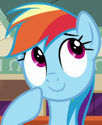 Size: 320x391 | Tagged: safe, screencap, character:rainbow dash, species:pegasus, species:pony, episode:the saddle row review, g4, my little pony: friendship is magic, cute, cute face, dashabetes, diabetes, female, mare, raised hoof, smiling, solo, thinking