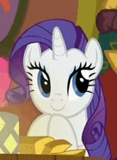 Size: 165x224 | Tagged: safe, screencap, character:coriander cumin, character:pinkie pie, character:rarity, species:earth pony, species:pony, species:unicorn, episode:spice up your life, g4, my little pony: friendship is magic, animated, blinking, cute, female, hooves together, male, mare, raribetes, smiling, solo