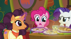 Size: 1277x712 | Tagged: safe, screencap, character:pinkie pie, character:rarity, character:saffron masala, species:pony, episode:spice up your life, g4, my little pony: friendship is magic, discovery family logo
