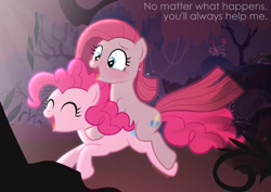 Size: 1838x1300 | Tagged: safe, artist:momo, character:pinkamena diane pie, character:pinkie pie, blushing, crying, duality, eyes closed, happy, light, open mouth, ponies riding ponies, riding, self ponidox, smiling