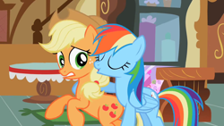 Size: 1280x720 | Tagged: safe, screencap, character:applejack, character:rainbow dash, species:pony, episode:the mysterious mare do well, g4, my little pony: friendship is magic