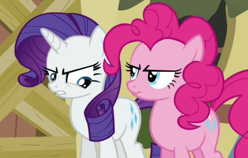 Size: 484x308 | Tagged: safe, screencap, character:pinkie pie, character:rarity, species:earth pony, species:pony, species:unicorn, episode:putting your hoof down, g4, my little pony: friendship is magic, animated, duo, female, gif, mare, poking, raised eyebrow, scrunchy face, shut up