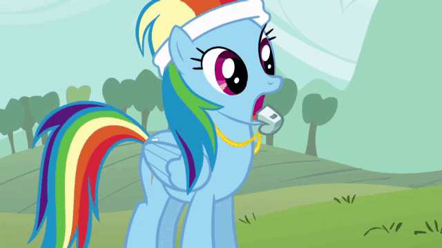Size: 640x360 | Tagged: safe, screencap, character:rainbow dash, episode:call of the cutie, g4, my little pony: friendship is magic, animated, blowing, coach, headband, puffy cheeks, solo, sweatband, whistle, whistle necklace