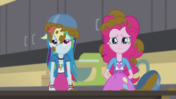 Size: 1280x720 | Tagged: safe, screencap, character:pinkie pie, character:rainbow dash, episode:pinkie on the one, equestria girls:rainbow rocks, g4, my little pony:equestria girls, balloon, bowl, bracelet, clothing, skirt