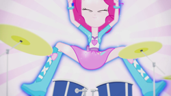 Size: 1280x720 | Tagged: safe, screencap, character:pinkie pie, episode:pinkie on the one, equestria girls:rainbow rocks, g4, my little pony:equestria girls, balloon, boots, clothing, drums, high heel boots, skirt, solo, upskirt denied