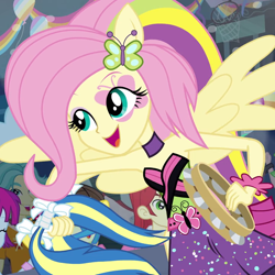 Size: 720x720 | Tagged: safe, screencap, character:fluttershy, character:mystery mint, episode:shake your tail, equestria girls:rainbow rocks, g4, my little pony:equestria girls, cute, huggable, musical instrument, offscreen character, ponied up, shyabetes, tambourine