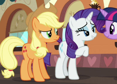 Size: 399x288 | Tagged: safe, screencap, character:applejack, character:rarity, character:twilight sparkle, species:earth pony, species:pony, species:unicorn, episode:mmmystery on the friendship express, g4, my little pony: friendship is magic, animated, female, gif, mare, nudge