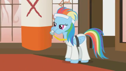 Size: 960x540 | Tagged: safe, screencap, character:rainbow dash, species:pony, episode:call of the cutie, g4, my little pony: friendship is magic, black belt, blowing, clothing, coach, coach rainbow dash, dojo, gi, headband, karate, lidded eyes, martial arts, ponyville dojo, puffy cheeks, rainblow dash, rainbow dashs coaching whistle, robe, training, training montage, trousers, whistle, whistle necklace