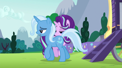 Size: 1920x1080 | Tagged: safe, screencap, character:starlight glimmer, character:trixie, species:pony, episode:no second prances, g4, my little pony: friendship is magic, caravan, trixie's wagon, wagon, walking