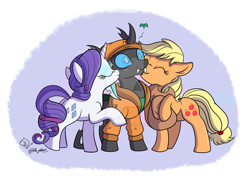 Size: 1024x719 | Tagged: safe, artist:sketchybug, artist:whitediamonds, character:applejack, character:rarity, oc, oc:sketchy bughorse, species:changeling, canon x oc, commission, kissing, watermark