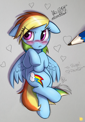 Size: 2100x3000 | Tagged: safe, artist:captainpudgemuffin, artist:whitediamonds, character:rainbow dash, species:pegasus, species:pony, g4, blatant lies, blushing, collaboration, cute, dashabetes, embarrassed, eye clipping through hair, female, floppy ears, i'm not cute, lies, madorable, mare, on back, pencil, solo, sweet dreams fuel, tsunderainbow, tsundere