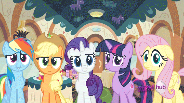 Size: 750x422 | Tagged: safe, screencap, character:applejack, character:fluttershy, character:rainbow dash, character:rarity, character:twilight sparkle, character:twilight sparkle (unicorn), species:earth pony, species:pegasus, species:pony, species:unicorn, episode:mmmystery on the friendship express, g4, my little pony: friendship is magic, all new, animated, female, gif, hub logo, image macro, mare, meme, reaction image, text