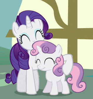 Size: 317x338 | Tagged: safe, screencap, character:rarity, character:sweetie belle, species:pony, species:unicorn, episode:ponyville confidential, g4, my little pony: friendship is magic, animated, cute, duo, eyes closed, female, filly, gif, mare, nuzzling, sisters