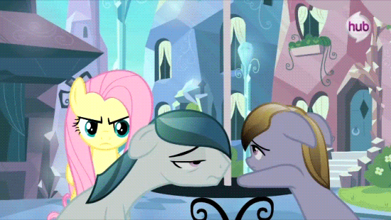 Size: 550x310 | Tagged: safe, screencap, character:crystal arrow, character:fluttershy, species:crystal pony, species:pegasus, species:pony, episode:the crystal empire, g4, my little pony: friendship is magic, amber waves, animated, assertive, crystal empire, depressed, female, mare