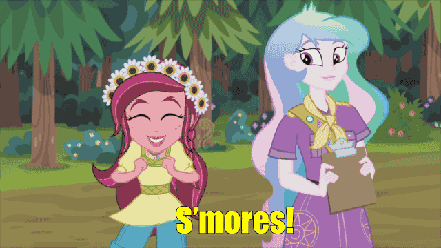 Size: 640x360 | Tagged: safe, screencap, character:gloriosa daisy, character:pinkie pie, character:princess celestia, character:principal celestia, equestria girls:legend of everfree, g4, my little pony:equestria girls, animated, camp everfree logo, camp everfree outfits, cute, diapinkes, female, geode of fauna, geode of shielding, geode of sugar bombs, geode of super speed, geode of super strength, magical geodes, s'mores