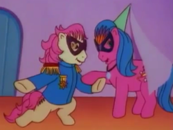 Size: 1158x870 | Tagged: safe, screencap, character:melody, character:patch (g1), species:pony, episode:the play's the thing, g1, my little pony tales, masks, shipping fuel