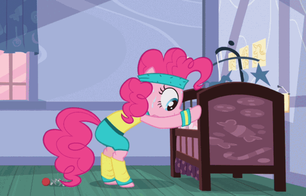 Size: 623x400 | Tagged: safe, screencap, character:pinkie pie, episode:a friend in deed, g4, my little pony: friendship is magic, animated, bipedal, bipedal leaning, crib, cropped, headband, jumping, leaning, leg warmers, loop, raspberry, sweat, tongue out, workout outfit, wristband