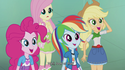 Size: 1280x720 | Tagged: safe, screencap, character:applejack, character:fluttershy, character:pinkie pie, character:rainbow dash, episode:player piano, equestria girls:rainbow rocks, g4, my little pony:equestria girls, boots, clothing, high heel boots, skirt, socks, subtitles