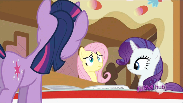 Size: 640x360 | Tagged: safe, screencap, character:fluttershy, character:rarity, character:twilight sparkle, species:pegasus, species:pony, species:unicorn, episode:ponyville confidential, g4, my little pony: friendship is magic, animated, embarrassed, female, gif, hub logo, mare, plot
