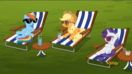 Size: 427x240 | Tagged: safe, screencap, character:applejack, character:rainbow dash, character:rarity, species:pony, episode:the cart before the ponies, g4, my little pony: friendship is magic, animated, stretching, sunglasses