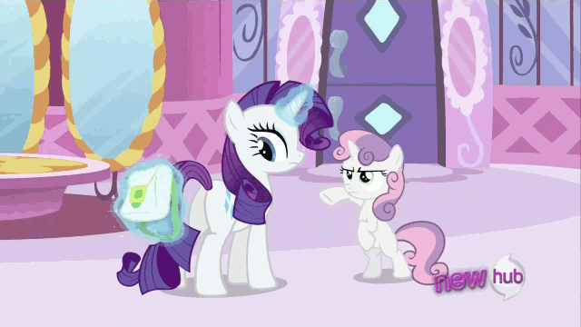 Size: 640x360 | Tagged: safe, screencap, character:rarity, character:sweetie belle, species:pony, species:unicorn, episode:ponyville confidential, g4, my little pony: friendship is magic, all new, animated, bipedal, boing, carousel boutique, duo, female, filly, gif, horn flick, hub logo, it keeps happening, magic, mare, raribuse, sproing, text