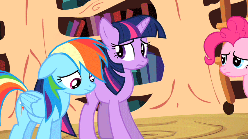 Size: 853x480 | Tagged: safe, screencap, character:pinkie pie, character:rainbow dash, character:twilight sparkle, episode:lesson zero, g4, my little pony: friendship is magic, animated, cute, diapinkes, frown, neck nuzzle, nuzzling, sad