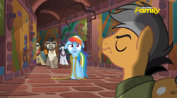 Size: 832x461 | Tagged: safe, screencap, character:doctor caballeron, character:quibble pants, character:rainbow dash, species:pony, episode:stranger than fanfiction, bound, d:, floppy ears, raised hoof, rope, ruins, scared