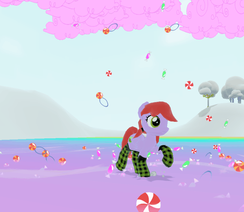 Size: 843x731 | Tagged: safe, derpibooru original, screencap, oc, oc only, oc:crab apple, species:pony, 3d, animated, candy, checkered socks, clothing, dancing, food, game, legends of equestria, socks, solo