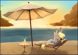 Size: 1680x1200 | Tagged: safe, artist:scootiebloom, character:derpy hooves, species:pegasus, species:pony, g4, beach, digital painting, drink, female, looking at you, lying down, mare, open mouth, open smile, smiling, solo, sunset, umbrella, underhoof