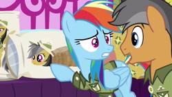 Size: 1920x1080 | Tagged: safe, screencap, character:daring do, character:quibble pants, character:rainbow dash, species:pony, episode:stranger than fanfiction, body pillow, clothing, daring daki, frown, gritted teeth, open mouth, pointing, raised hoof, shirt, smiling, wide eyes, you know for kids