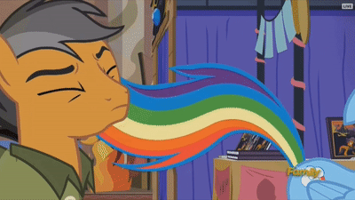 Size: 400x225 | Tagged: safe, screencap, character:quibble pants, character:rainbow dash, species:pony, episode:stranger than fanfiction, animated, discovery family logo, tail whip