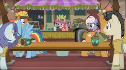 Size: 1646x923 | Tagged: safe, screencap, character:burning passion, character:quibble pants, character:rainbow dash, species:pony, episode:stranger than fanfiction, argument, carrot bun