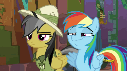 Size: 500x281 | Tagged: safe, screencap, character:daring do, character:rainbow dash, species:pony, episode:stranger than fanfiction, animated, discovery family logo, faec, hug, me gusta, rainbow dash is best facemaker, smug, smugdash, winghug