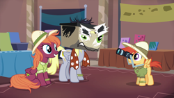 Size: 1920x1080 | Tagged: safe, screencap, character:derpy hooves, character:doctor caballeron, character:shutterbug, species:pony, episode:stranger than fanfiction, cardboard box, clothing, cosplay, costume, doctor cardboarderon, fake cutie mark, majestic as fuck, scarf