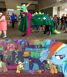 Size: 1083x1262 | Tagged: safe, screencap, character:ahuizotl, character:crackle, character:doctor caballeron, character:rainbow dash, species:dragon, species:human, episode:dragon quest, episode:stranger than fanfiction, g4, my little pony: friendship is magic, bronycon, bronycon 2016, clothing, comparison, convention, cosplay, costume, crackle costume, irl, irl human, photo